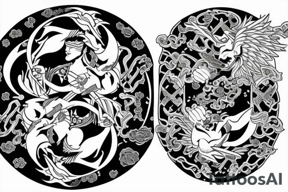 demon and angel guarded by a samurai and yingyang tattoo idea