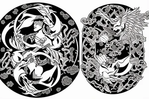 demon and angel guarded by a samurai and yingyang tattoo idea