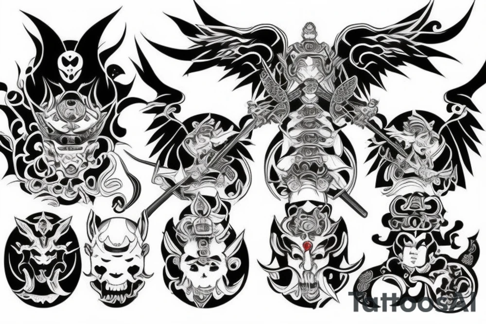 demon and angel guarded by a samurai and yingyang tattoo idea