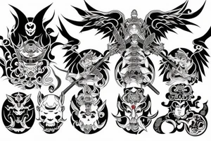 demon and angel guarded by a samurai and yingyang tattoo idea