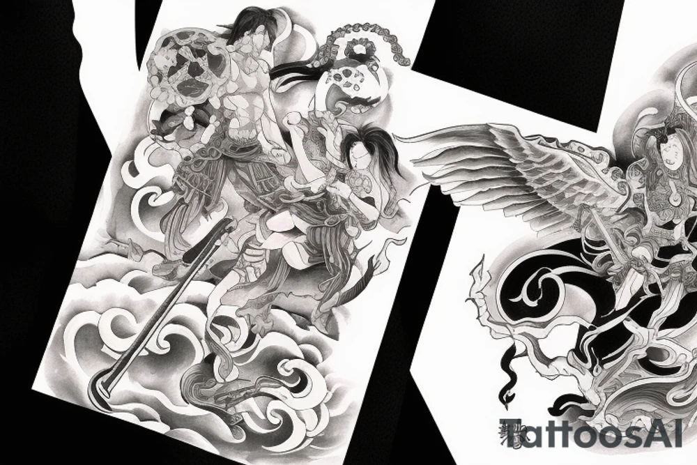 demon and angel guarded by a samurai and yingyang tattoo idea