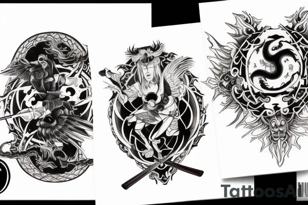 demon and angel guarded by a samurai and yingyang tattoo idea
