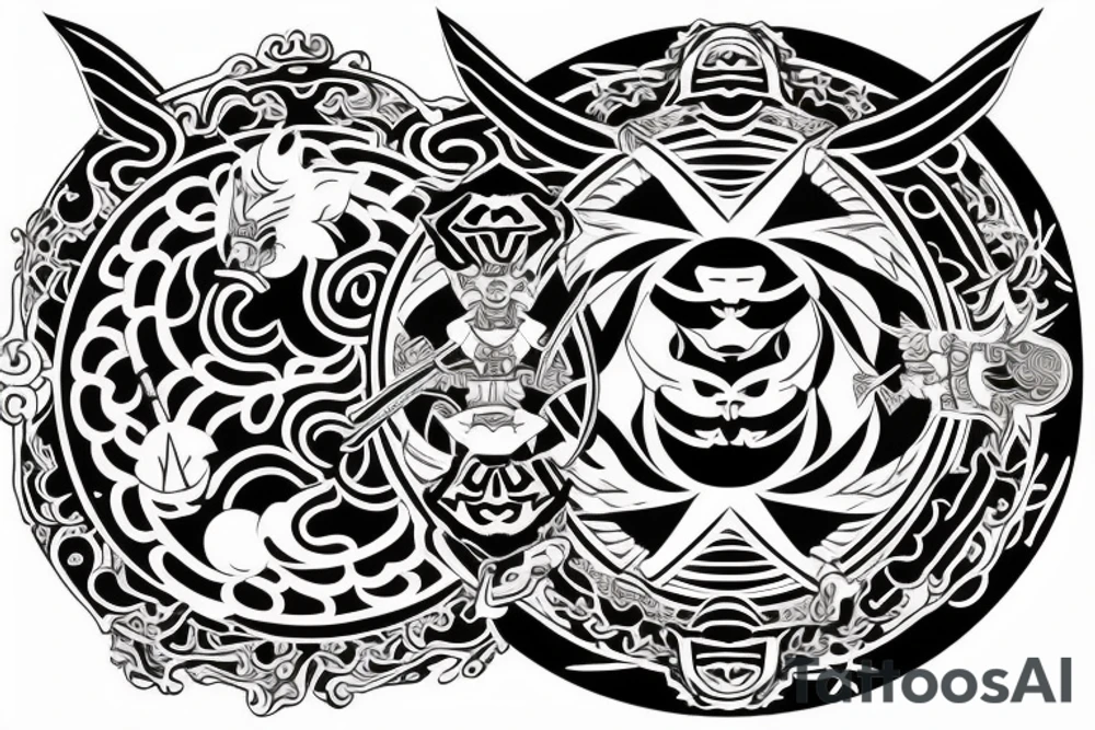 demon and angel guarded by a samurai and yingyang tattoo idea