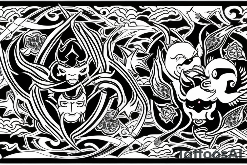 demon and angel guarded by a samurai and yingyang tattoo idea