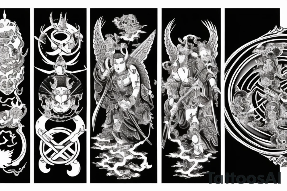 demon and angel guarded by a samurai and yingyang tattoo idea