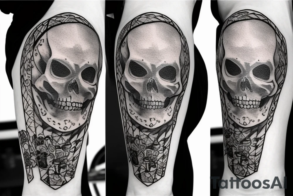 a skeleton standing on a hour glass while playing a violin tattoo idea