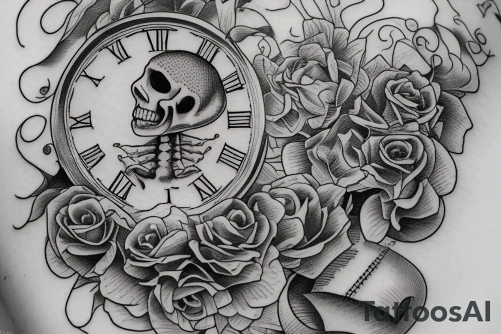 a skeleton standing on a hour glass while playing a violin tattoo idea