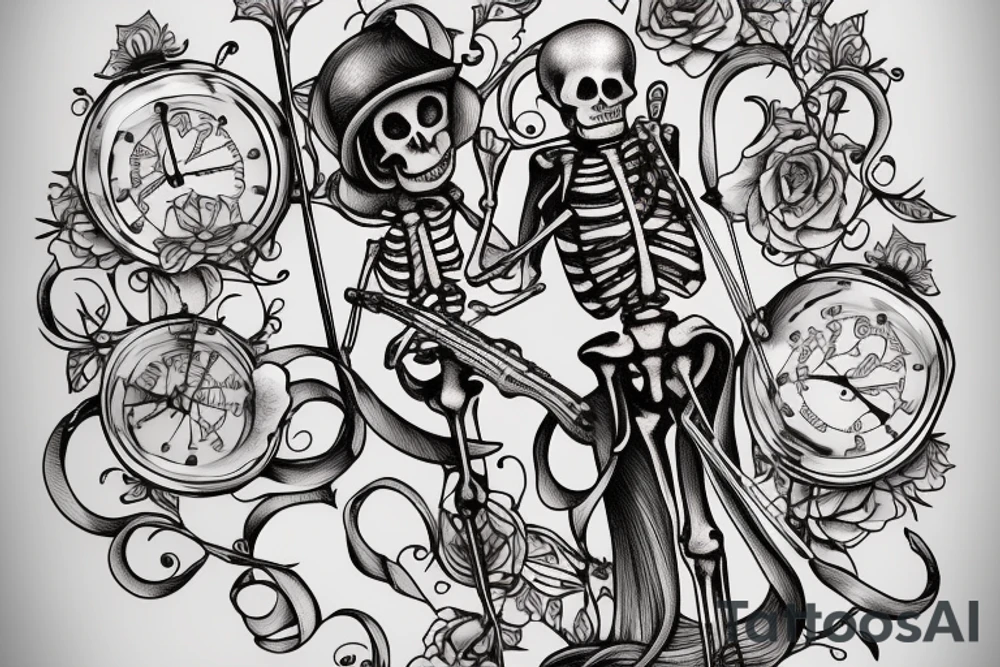 a skeleton standing on a hour glass while playing a violin tattoo idea