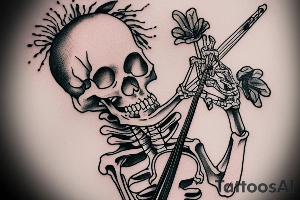 a skeleton standing on a hour glass while playing a violin tattoo idea