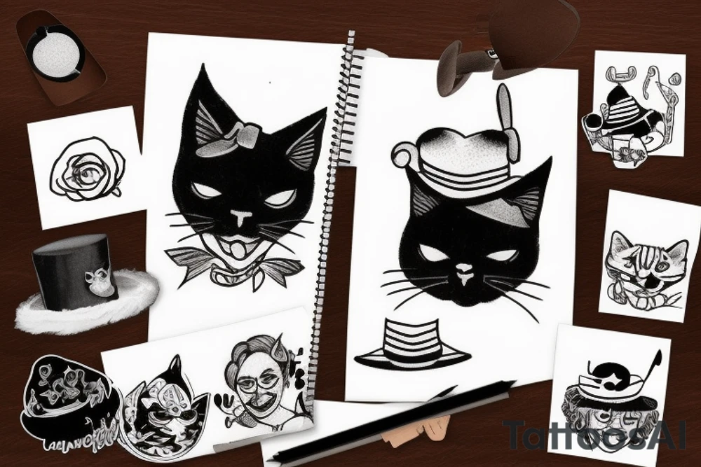 black cat with a funny hat and a sweater tattoo idea