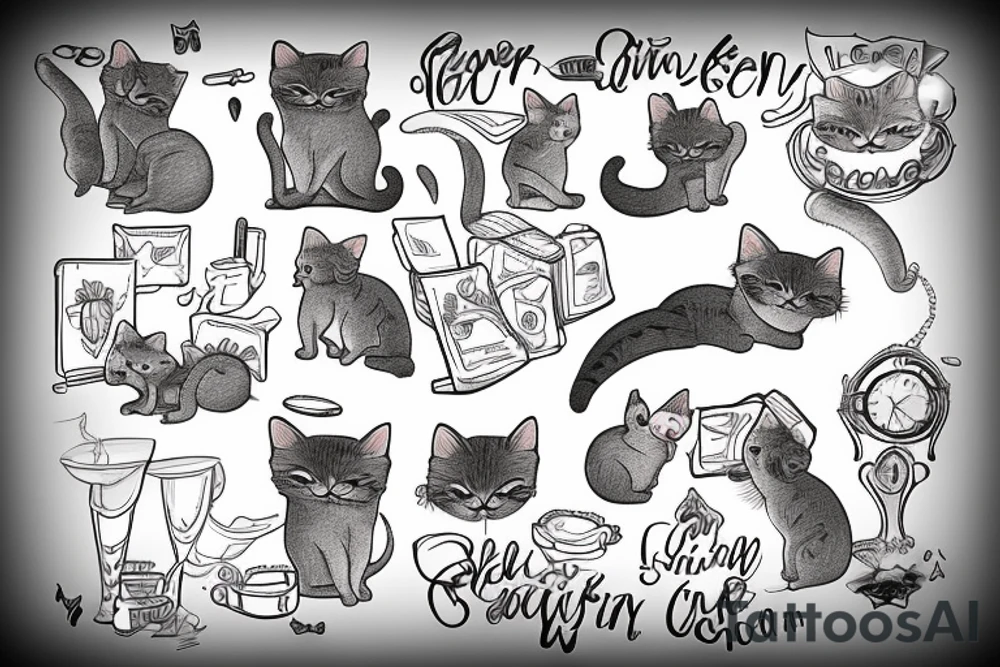 old gray cat smoking cigars and teaching little kittens in heaven tattoo idea