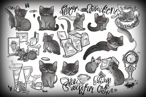 old gray cat smoking cigars and teaching little kittens in heaven tattoo idea