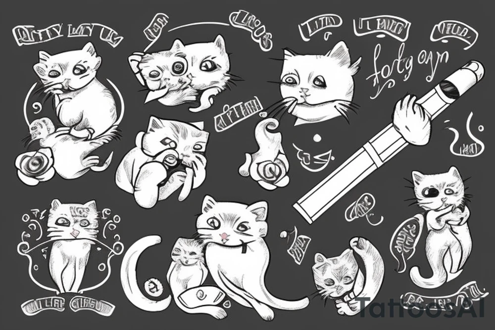 old gray cat smoking cigars and teaching little kittens in heaven tattoo idea