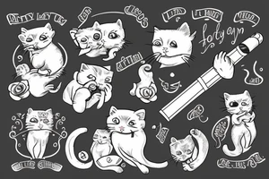 old gray cat smoking cigars and teaching little kittens in heaven tattoo idea
