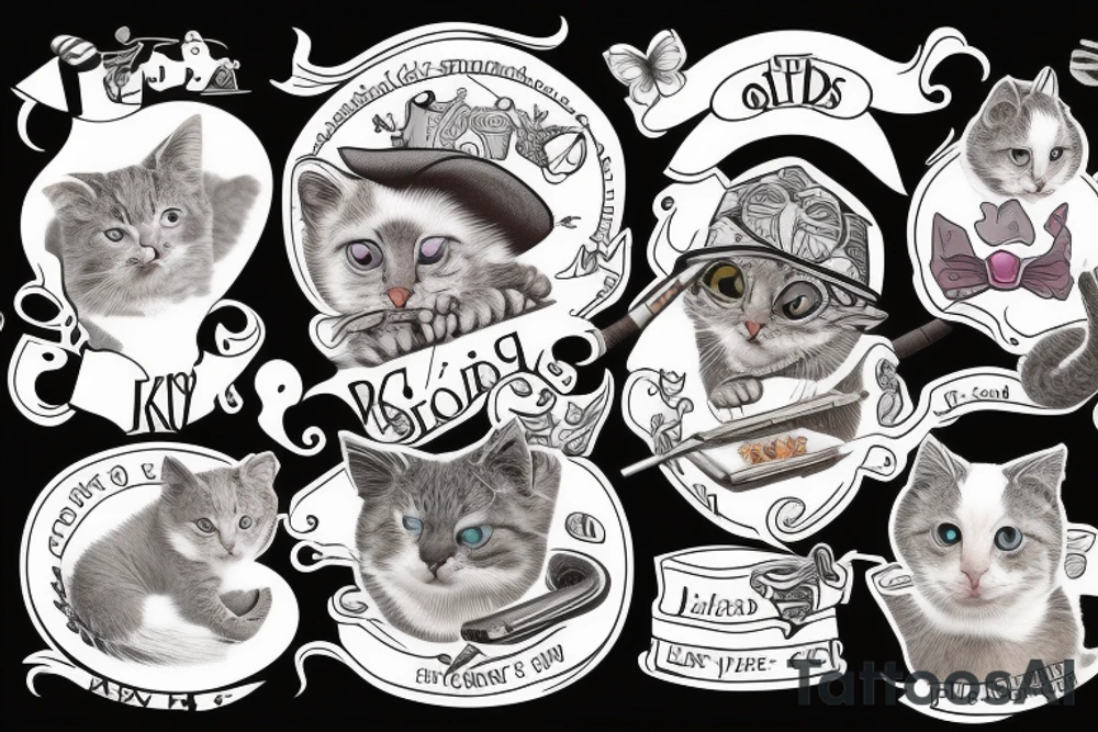 old gray cat smoking cigars and teaching little kittens in heaven tattoo idea