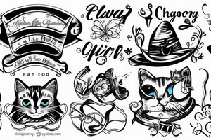 old gray cat smoking cigars and teaching little kittens in heaven tattoo idea