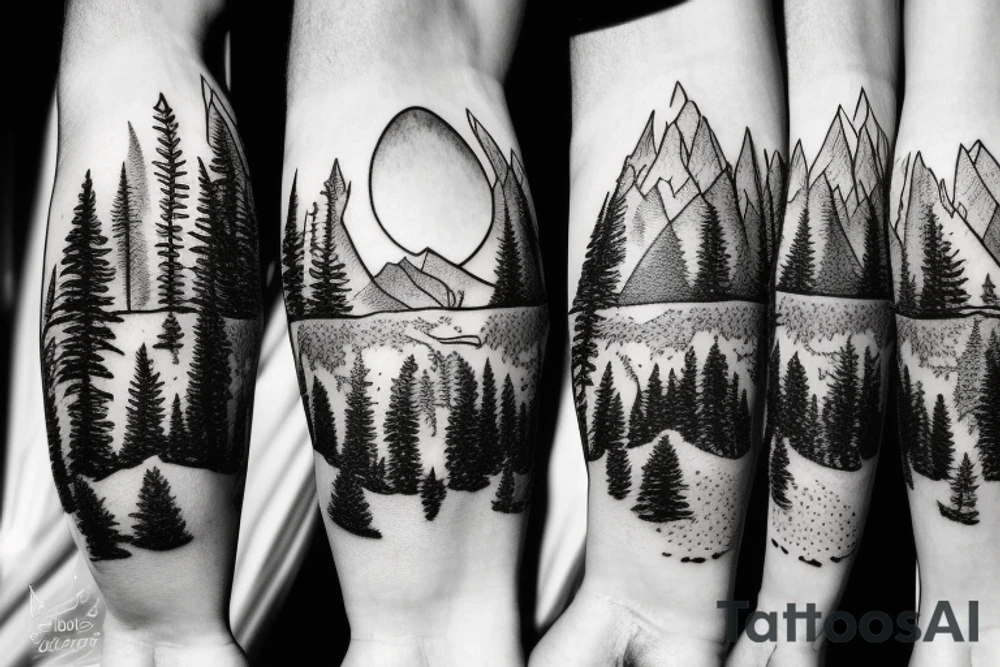 Sasquatch runs through the trees with mountains and forest in the background. tattoo idea