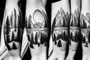 Sasquatch runs through the trees with mountains and forest in the background. tattoo idea