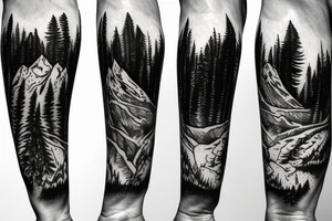 Sasquatch runs through the trees with mountains and forest in the background. tattoo idea