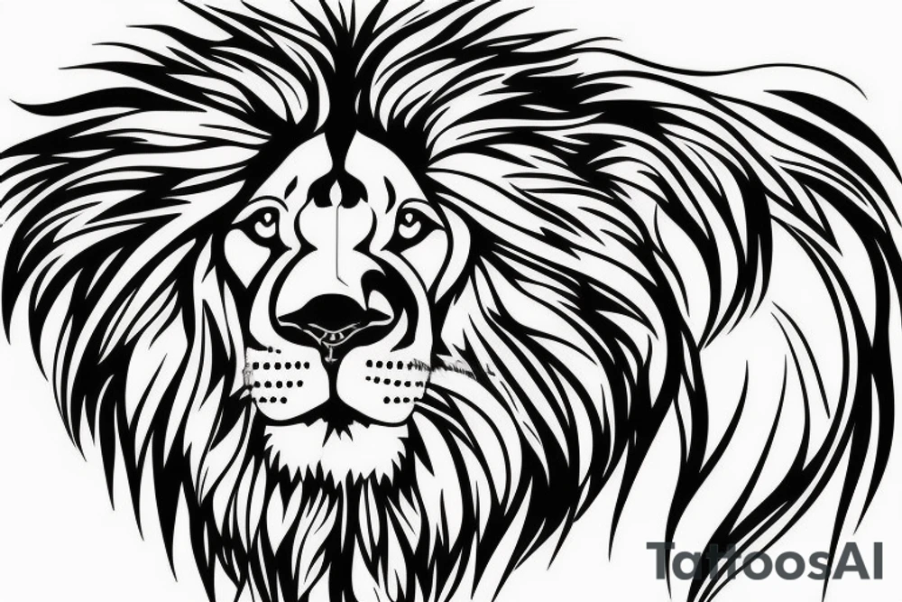 lion portrait with a beautiful landscape background tattoo idea
