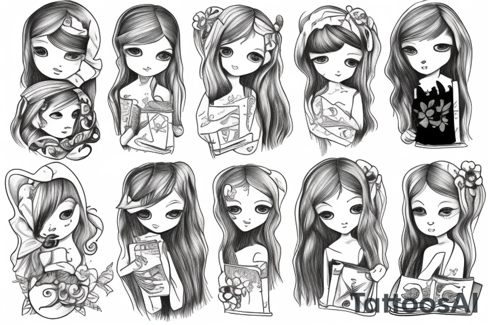 Little girl with book in the forest tattoo idea