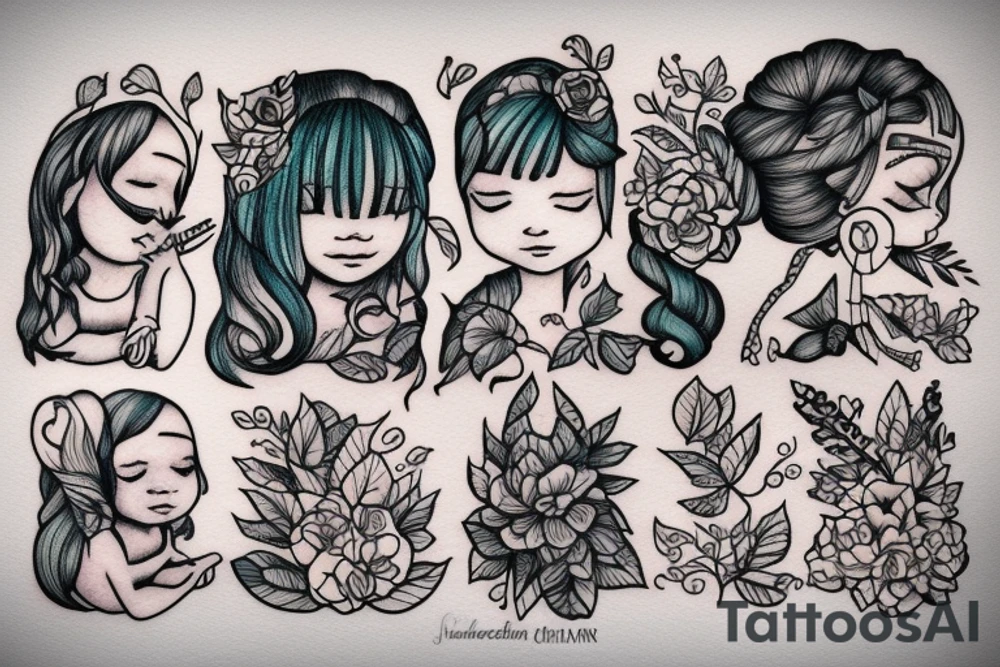 Little girl with book in the forest tattoo idea
