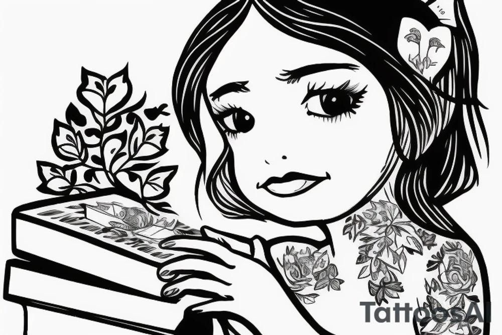 Little girl with book in the forest tattoo idea