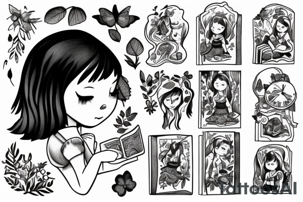 Little girl with book in the forest tattoo idea