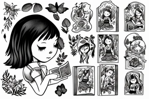 Little girl with book in the forest tattoo idea