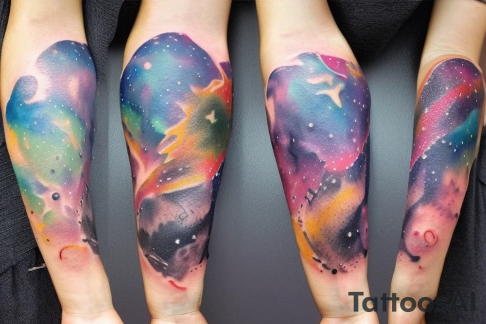 Watercolor galaxy with books and plants tattoo idea