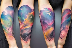 Watercolor galaxy with books and plants tattoo idea