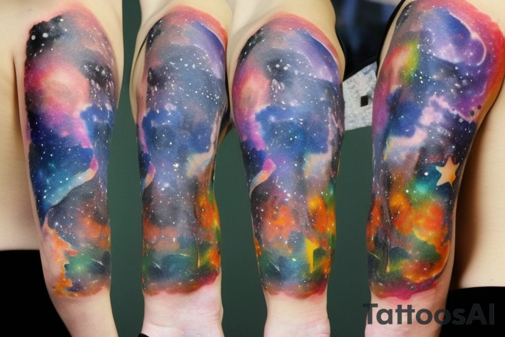 Watercolor galaxy with books and plants tattoo idea