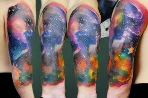Watercolor galaxy with books and plants tattoo idea