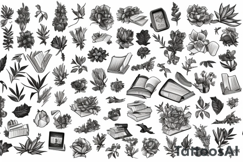 Book on the ground surrounded by plants tattoo idea