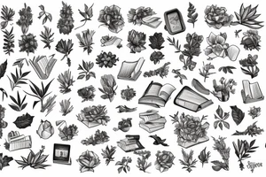 Book on the ground surrounded by plants tattoo idea
