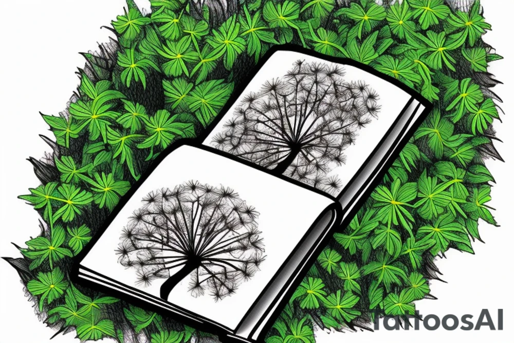 Book at the base of a tree surrounded by dandelions tattoo idea