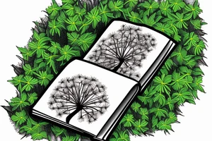 Book at the base of a tree surrounded by dandelions tattoo idea
