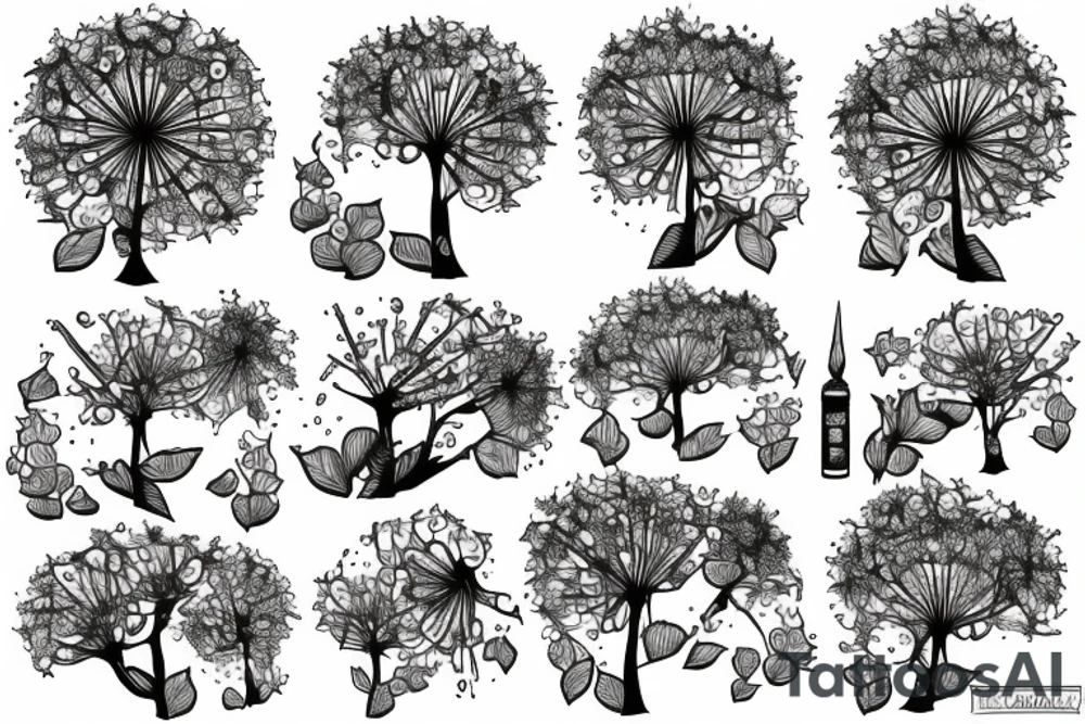 Book at the base of a tree surrounded by dandelions tattoo idea
