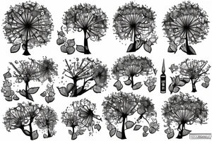 Book at the base of a tree surrounded by dandelions tattoo idea