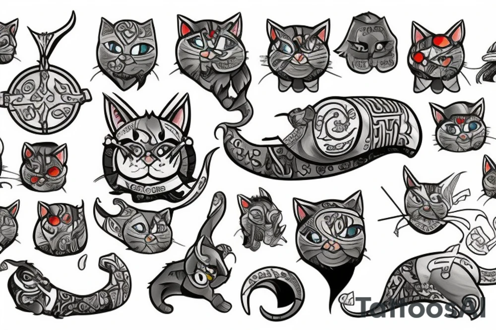 viking cats color tattoo idea