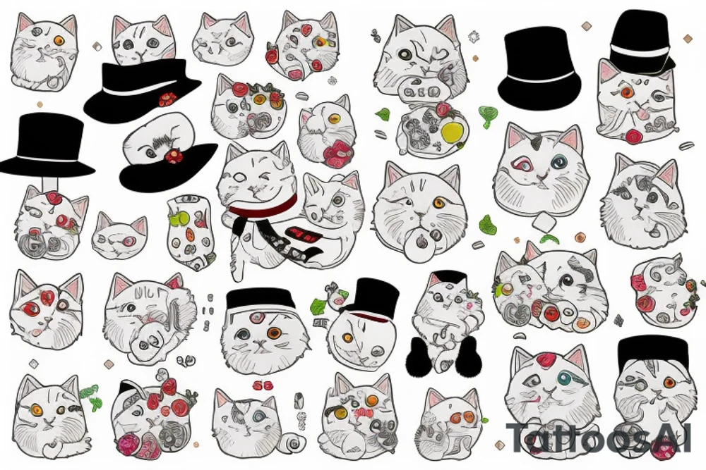white fluffy cat with a hat and a cucumber tattoo idea