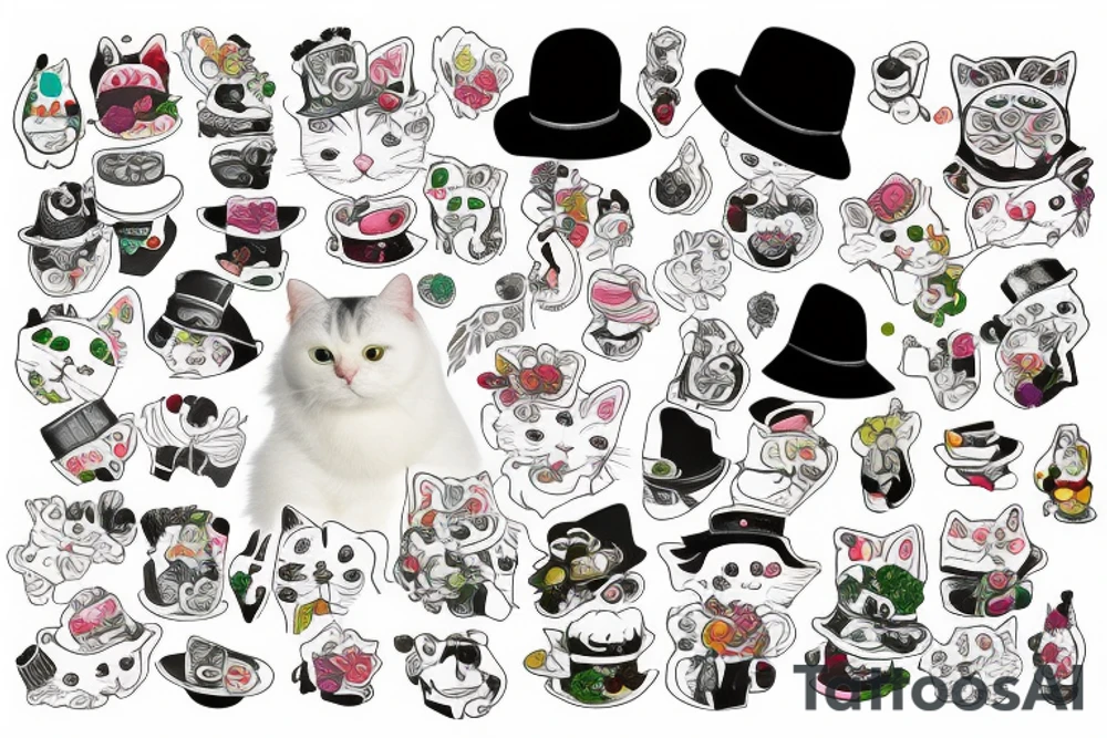 white fluffy cat with a hat and a cucumber tattoo idea