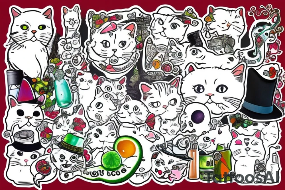 white fluffy cat with a hat and a cucumber tattoo idea