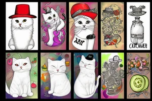 white fluffy cat with a hat and a cucumber tattoo idea