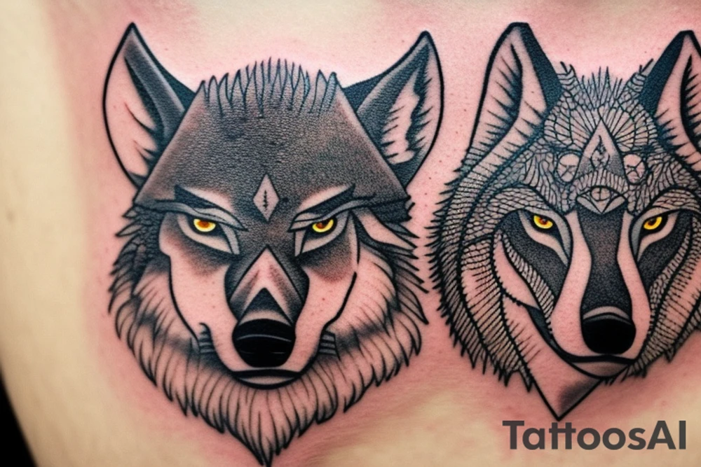 The tattoo features an alpha wolf standing tall and dominant in the center of the design, with its head pointing towards the full moon in the background. The wolf has a fierce expression on its face, and its fur is highly detailed with deep shading and intricate patterns.

Next to the wolf, there are two cubs, each with a different eye color. One cub has amethyst eyes and the other has emerald eyes. The cubs are playfully frolicking around the wolf, showing their affection and respect for the pack leader.

Above the wolf and the cubs, there are two ravens flying in the sky. The ravens are highly detailed with their feathers and beaks, and their eyes look sharp and intelligent.

The background of the tattoo features a dense forest with tall trees and a waterfall cascading down from a cliff. The water from the waterfall creates a pool of water below, reflecting the moonlight and creating a serene atmosphere.

Overall, the tattoo symbolizes the strength and unity of a wolf pack, as well as the beauty and tranquility of nature. The amethyst and emerald eyes of the cubs add a touch of mysticism and whimsy to the design. tattoo idea