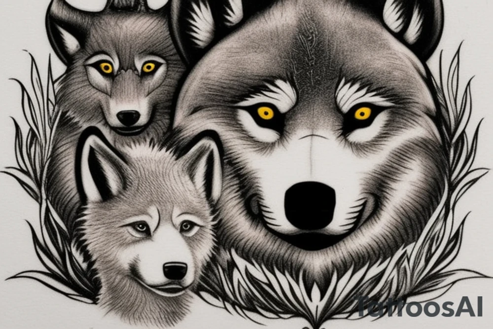 The tattoo features an alpha wolf standing tall and dominant in the center of the design, with its head pointing towards the full moon in the background. The wolf has a fierce expression on its face, and its fur is highly detailed with deep shading and intricate patterns.

Next to the wolf, there are two cubs, each with a different eye color. One cub has amethyst eyes and the other has emerald eyes. The cubs are playfully frolicking around the wolf, showing their affection and respect for the pack leader.

Above the wolf and the cubs, there are two ravens flying in the sky. The ravens are highly detailed with their feathers and beaks, and their eyes look sharp and intelligent.

The background of the tattoo features a dense forest with tall trees and a waterfall cascading down from a cliff. The water from the waterfall creates a pool of water below, reflecting the moonlight and creating a serene atmosphere.

Overall, the tattoo symbolizes the strength and unity of a wolf pack, as well as the beauty and tranquility of nature. The amethyst and emerald eyes of the cubs add a touch of mysticism and whimsy to the design. tattoo idea