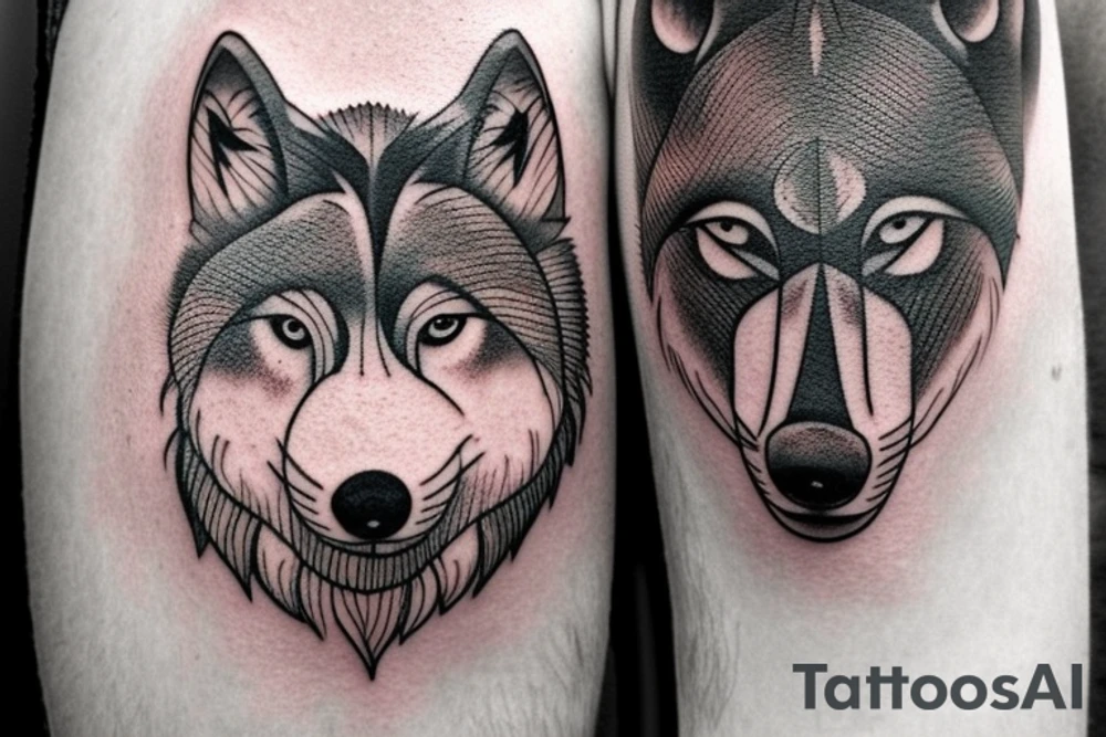 The tattoo features an alpha wolf standing tall and dominant in the center of the design, with its head pointing towards the full moon in the background. The wolf has a fierce expression on its face, and its fur is highly detailed with deep shading and intricate patterns.

Next to the wolf, there are two cubs, each with a different eye color. One cub has amethyst eyes and the other has emerald eyes. The cubs are playfully frolicking around the wolf, showing their affection and respect for the pack leader.

Above the wolf and the cubs, there are two ravens flying in the sky. The ravens are highly detailed with their feathers and beaks, and their eyes look sharp and intelligent.

The background of the tattoo features a dense forest with tall trees and a waterfall cascading down from a cliff. The water from the waterfall creates a pool of water below, reflecting the moonlight and creating a serene atmosphere.

Overall, the tattoo symbolizes the strength and unity of a wolf pack, as well as the beauty and tranquility of nature. The amethyst and emerald eyes of the cubs add a touch of mysticism and whimsy to the design. tattoo idea
