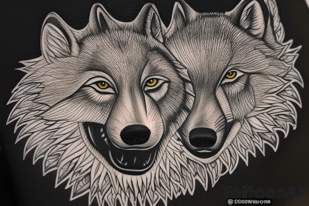 The tattoo features an alpha wolf standing tall and dominant in the center of the design, with its head pointing towards the full moon in the background. The wolf has a fierce expression on its face, and its fur is highly detailed with deep shading and intricate patterns.

Next to the wolf, there are two cubs, each with a different eye color. One cub has amethyst eyes and the other has emerald eyes. The cubs are playfully frolicking around the wolf, showing their affection and respect for the pack leader.

Above the wolf and the cubs, there are two ravens flying in the sky. The ravens are highly detailed with their feathers and beaks, and their eyes look sharp and intelligent.

The background of the tattoo features a dense forest with tall trees and a waterfall cascading down from a cliff. The water from the waterfall creates a pool of water below, reflecting the moonlight and creating a serene atmosphere.

Overall, the tattoo symbolizes the strength and unity of a wolf pack, as well as the beauty and tranquility of nature. The amethyst and emerald eyes of the cubs add a touch of mysticism and whimsy to the design. tattoo idea