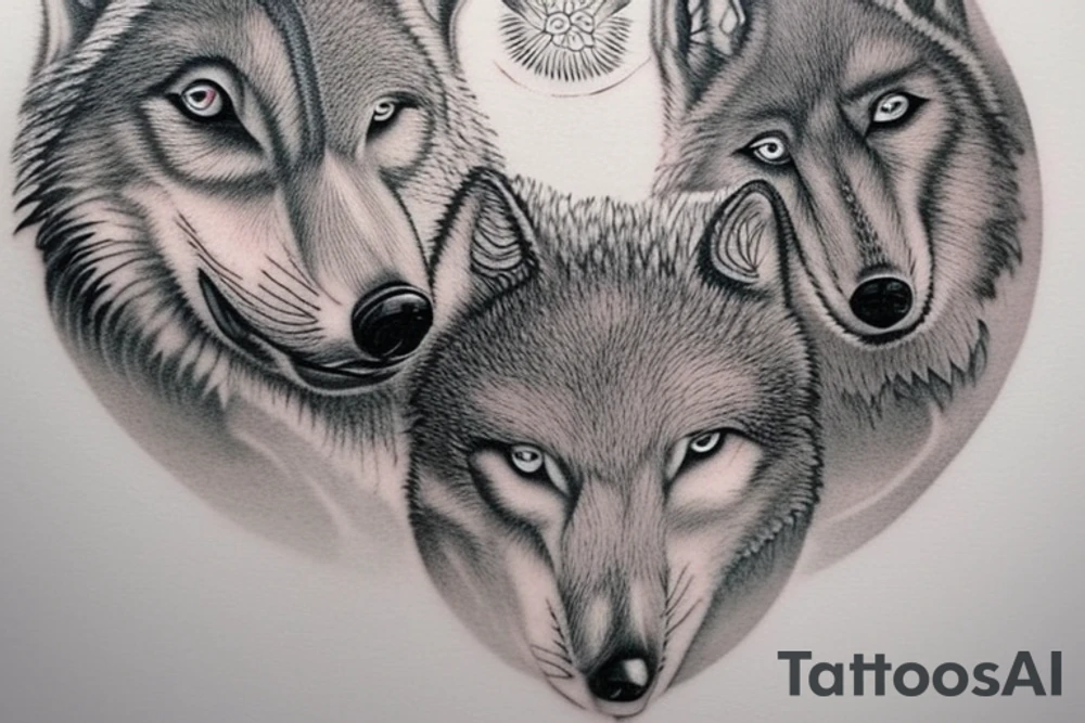 The tattoo features an alpha wolf standing tall and dominant in the center of the design, with its head pointing towards the full moon in the background. The wolf has a fierce expression on its face, and its fur is highly detailed with deep shading and intricate patterns.

Next to the wolf, there are two cubs, each with a different eye color. One cub has amethyst eyes and the other has emerald eyes. The cubs are playfully frolicking around the wolf, showing their affection and respect for the pack leader.

Above the wolf and the cubs, there are two ravens flying in the sky. The ravens are highly detailed with their feathers and beaks, and their eyes look sharp and intelligent.

The background of the tattoo features a dense forest with tall trees and a waterfall cascading down from a cliff. The water from the waterfall creates a pool of water below, reflecting the moonlight and creating a serene atmosphere.

Overall, the tattoo symbolizes the strength and unity of a wolf pack, as well as the beauty and tranquility of nature. The amethyst and emerald eyes of the cubs add a touch of mysticism and whimsy to the design. tattoo idea