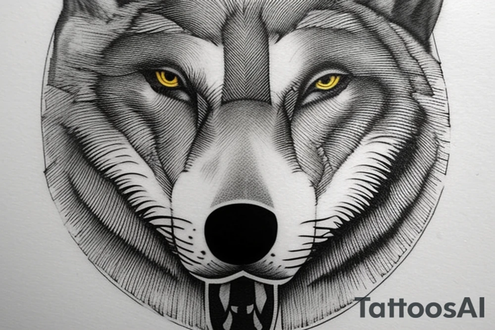 The tattoo features an alpha wolf standing tall and dominant in the center of the design, with its head pointing towards the full moon in the background. The wolf has a fierce expression on its face, and its fur is highly detailed with deep shading and intricate patterns.

Next to the wolf, there are two cubs, each with a different eye color. One cub has amethyst eyes and the other has emerald eyes. The cubs are playfully frolicking around the wolf, showing their affection and respect for the pack leader.

Above the wolf and the cubs, there are two ravens flying in the sky. The ravens are highly detailed with their feathers and beaks, and their eyes look sharp and intelligent.

The background of the tattoo features a dense forest with tall trees and a waterfall cascading down from a cliff. The water from the waterfall creates a pool of water below, reflecting the moonlight and creating a serene atmosphere.

Overall, the tattoo symbolizes the strength and unity of a wolf pack, as well as the beauty and tranquility of nature. The amethyst and emerald eyes of the cubs add a touch of mysticism and whimsy to the design. tattoo idea